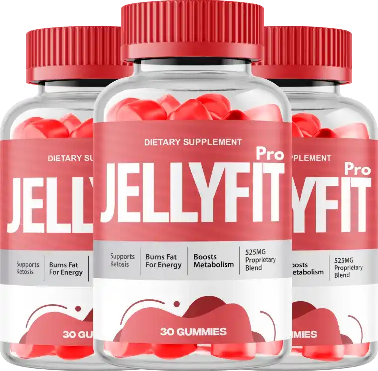 JellyFit Pro advanced keto gummy &mdash; three clear bottles with bright red label showing JellyFit Pro Advanced Formula, Supports Ketosis, Burns Fat For Energy, Boosts Metabolism, 525MG Proprietary Blend, 30 gummies dietary supplement